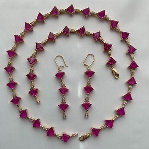 Technibond *18k G 925 SS * Pink Sapphire & CZ * Necklace, Bracelet & Earrings